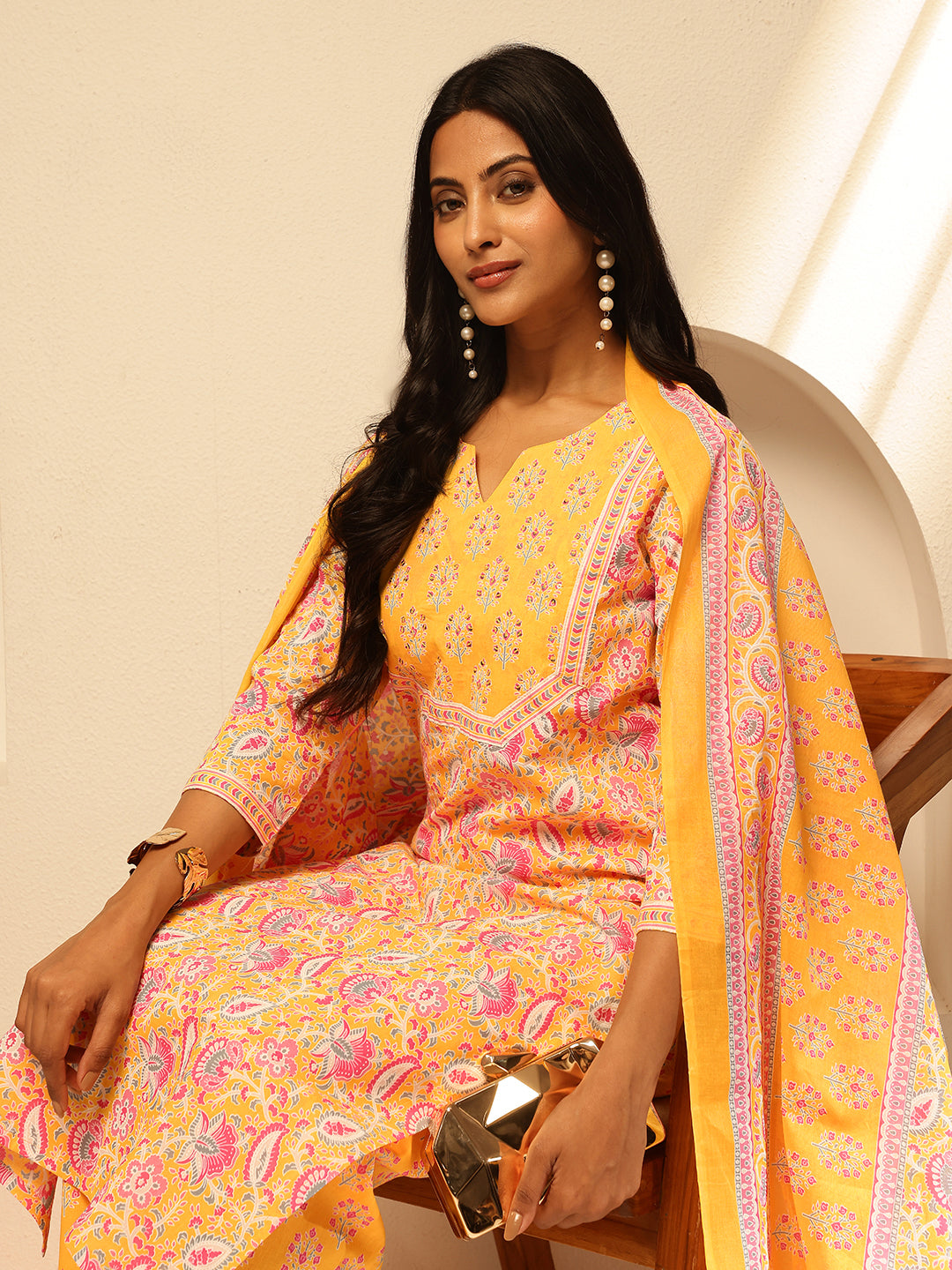 Yellow Cotton Floral Print Straight Kurta Set