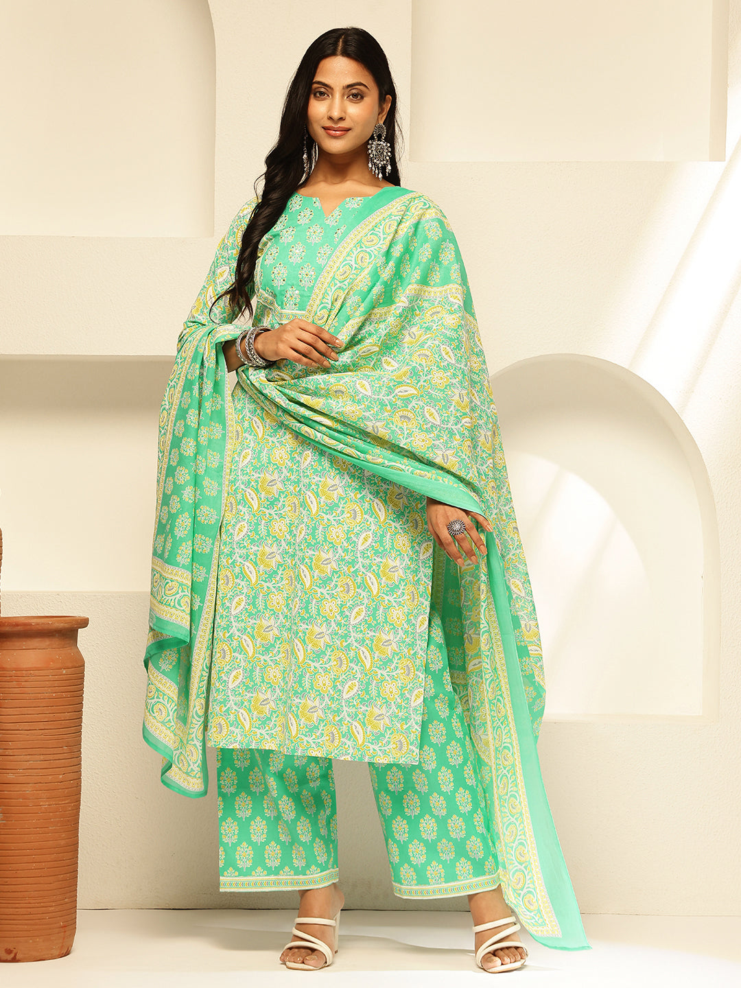 Mint Green Cotton Floral Print Straight Kurta Set
