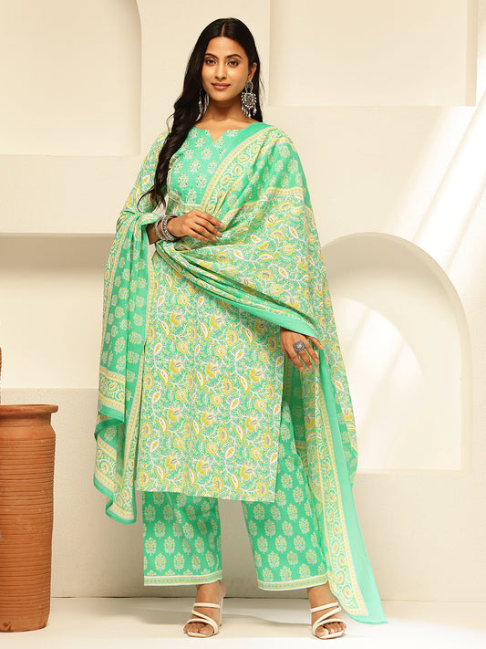 Mint Green Cotton Floral Print Straight Kurta Set