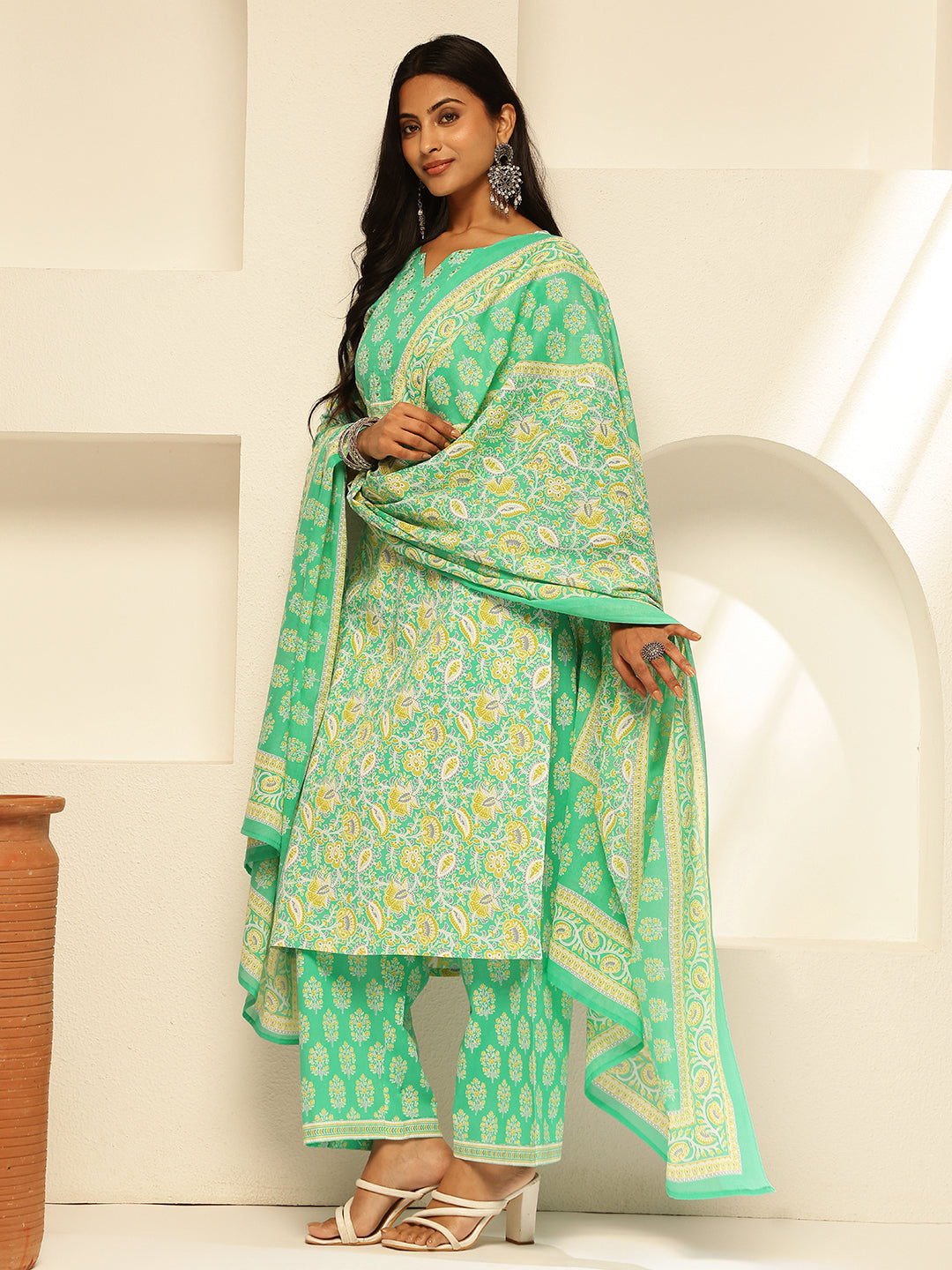 Mint Green Cotton Floral Print Straight Kurta Set