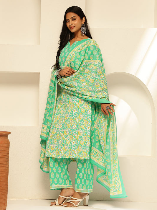 Mint Green Cotton Floral Print Straight Kurta Set