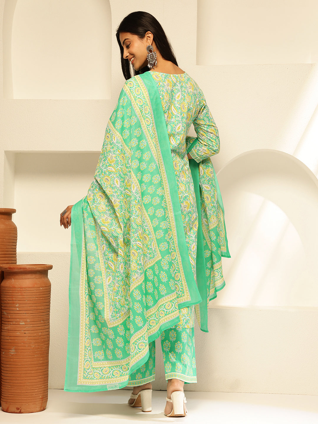 Mint Green Cotton Floral Print Straight Kurta Set