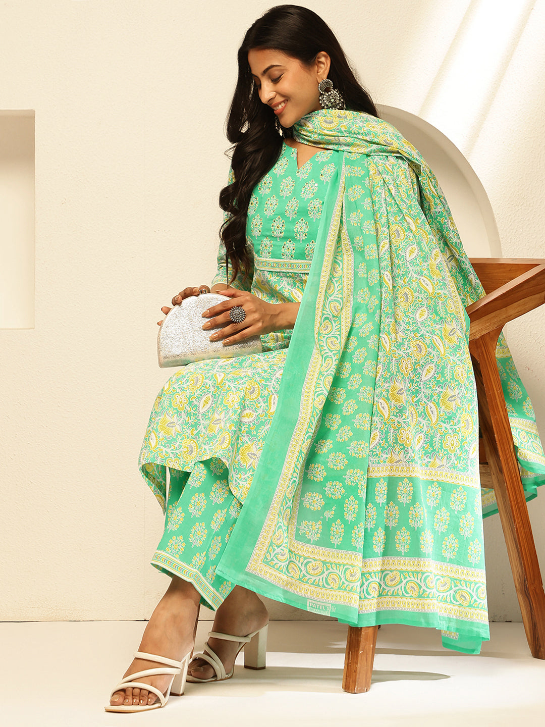 Mint Green Cotton Floral Print Straight Kurta Set