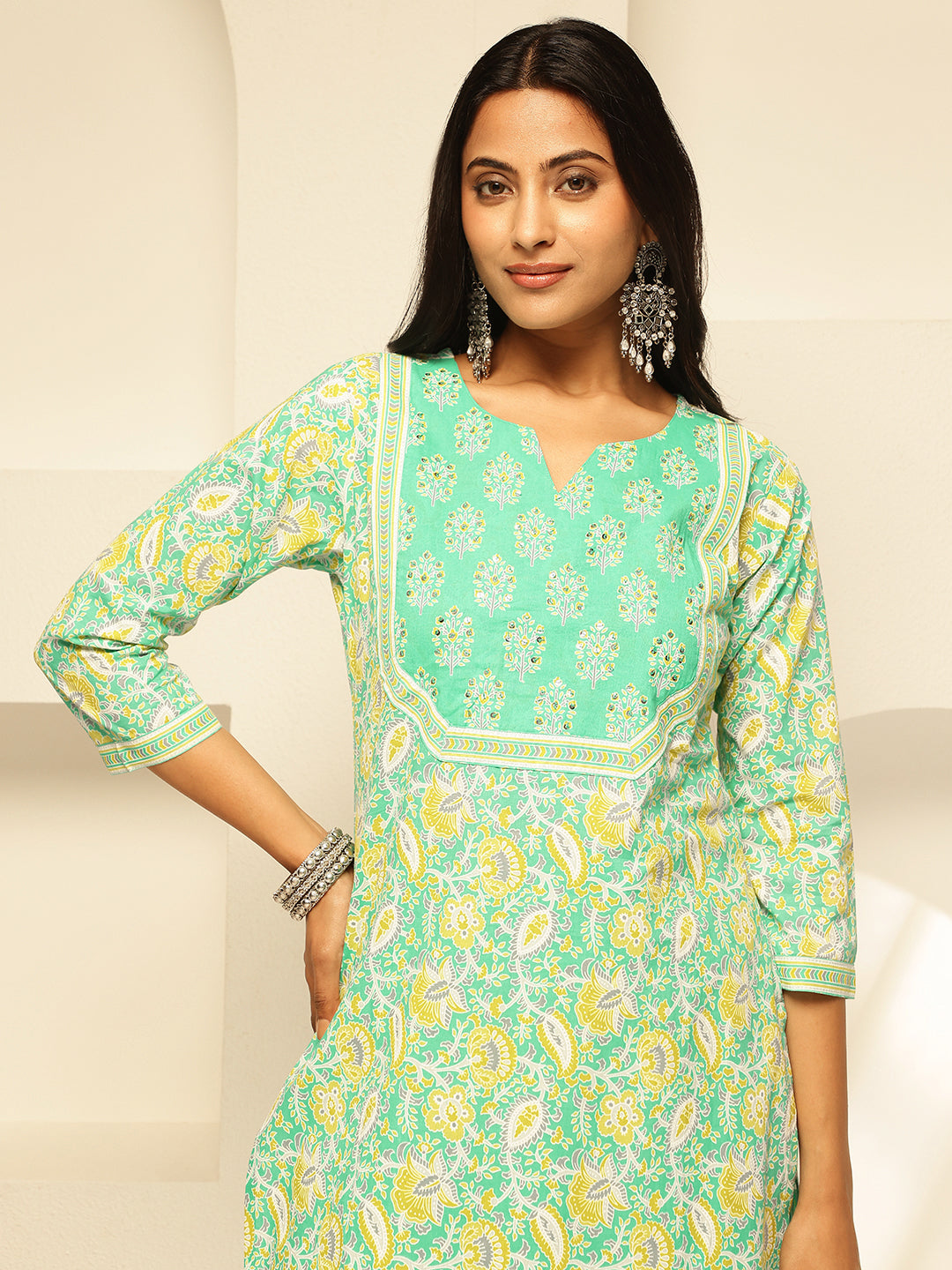 Mint Green Cotton Floral Print Straight Kurta Set