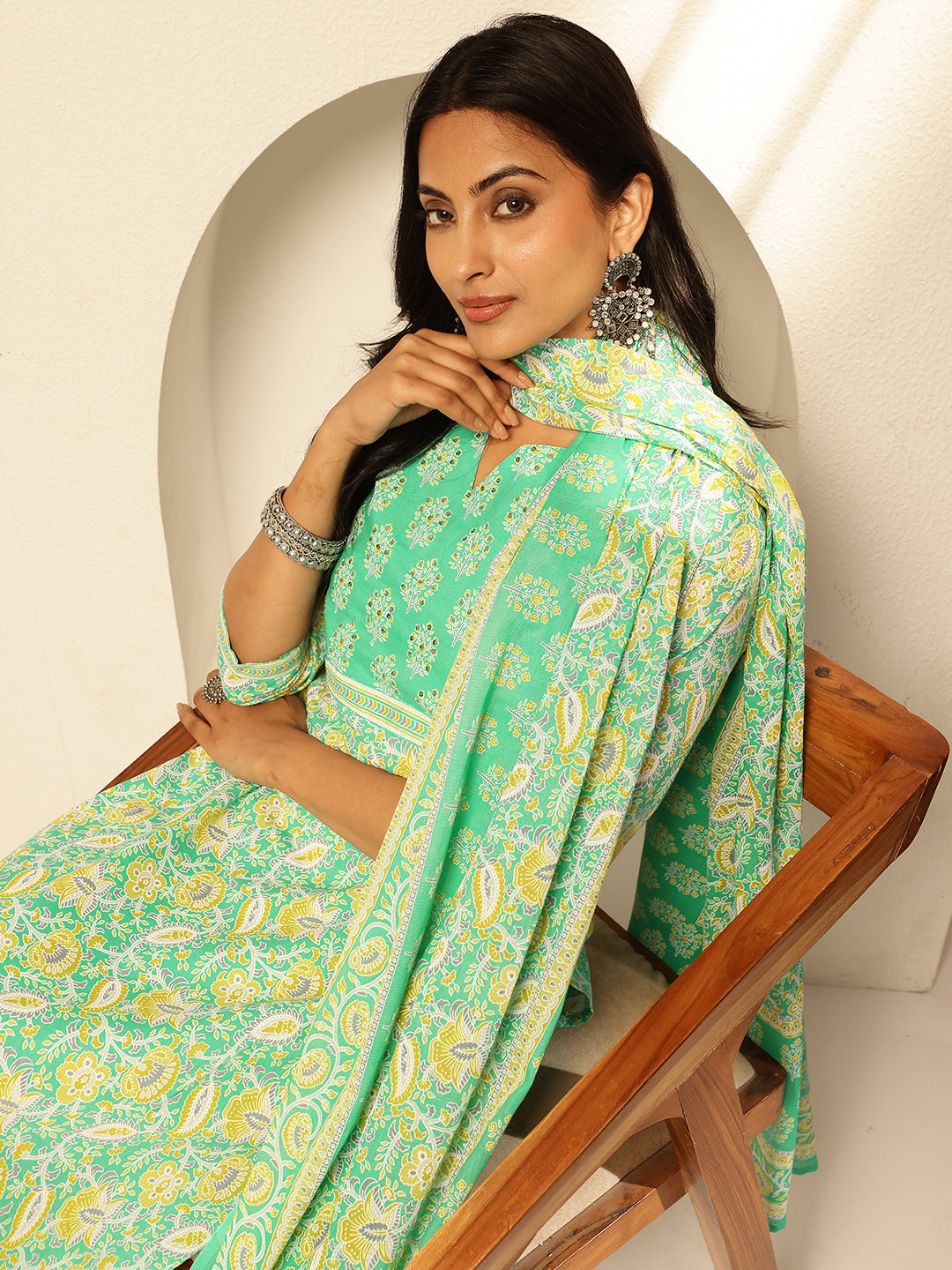 Mint Green Cotton Floral Print Straight Kurta Set