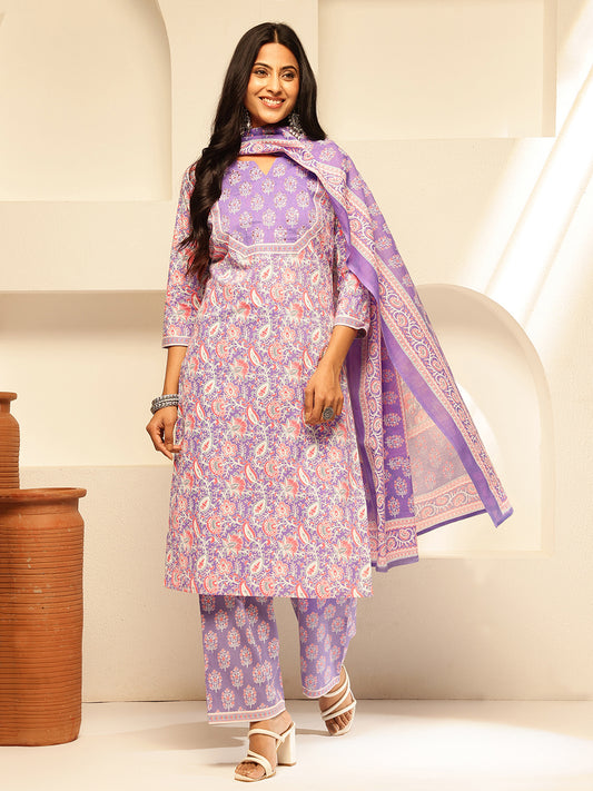 Lavender Cotton Floral Print Straight Kurta Set