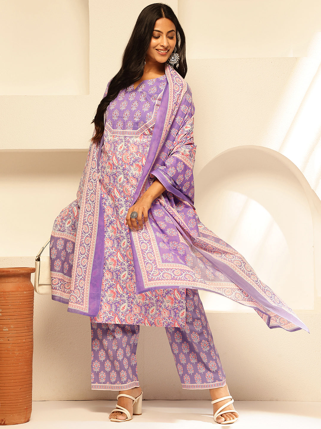 Lavender Cotton Floral Print Straight Kurta Set