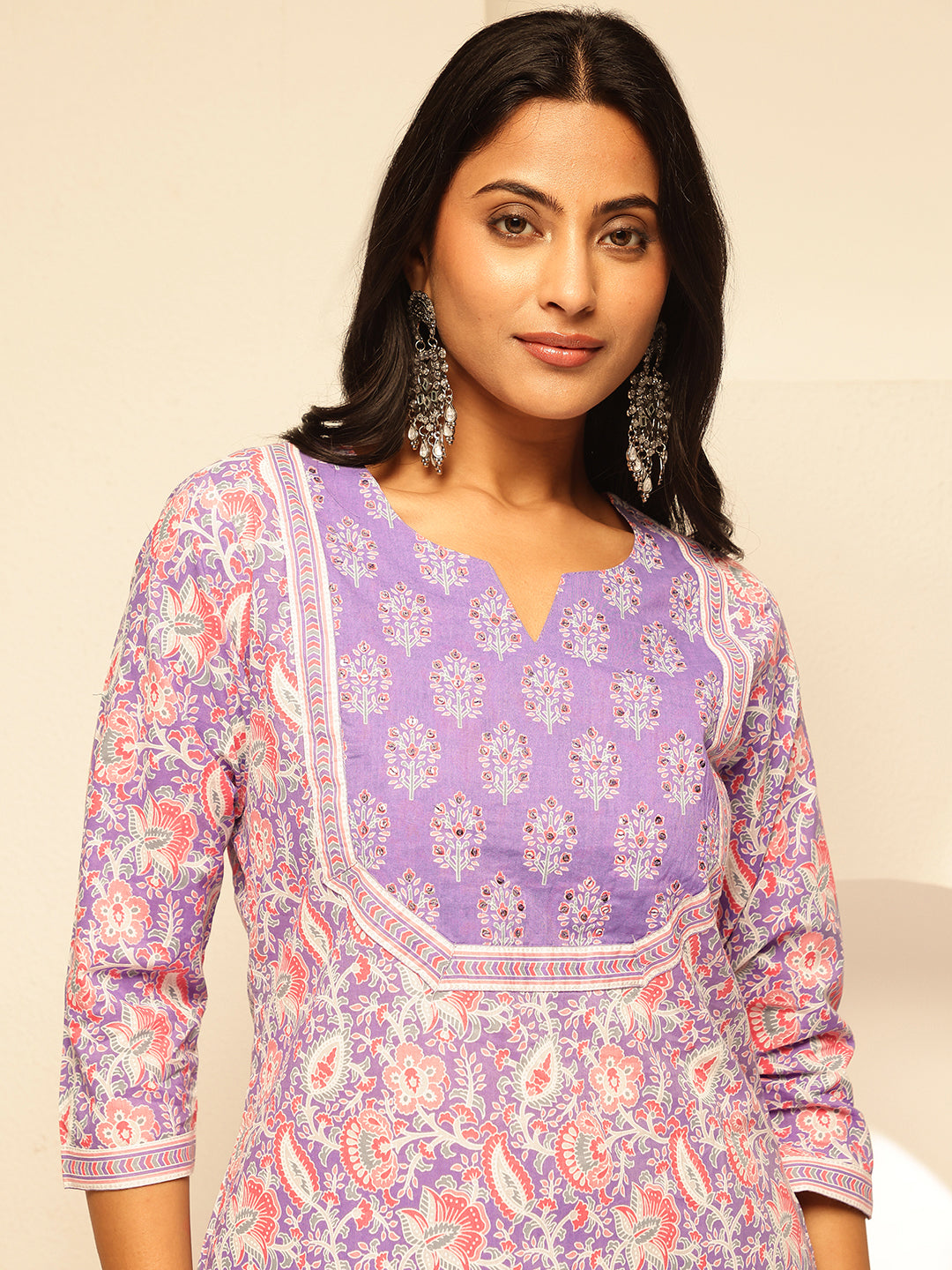 Lavender Cotton Floral Print Straight Kurta Set
