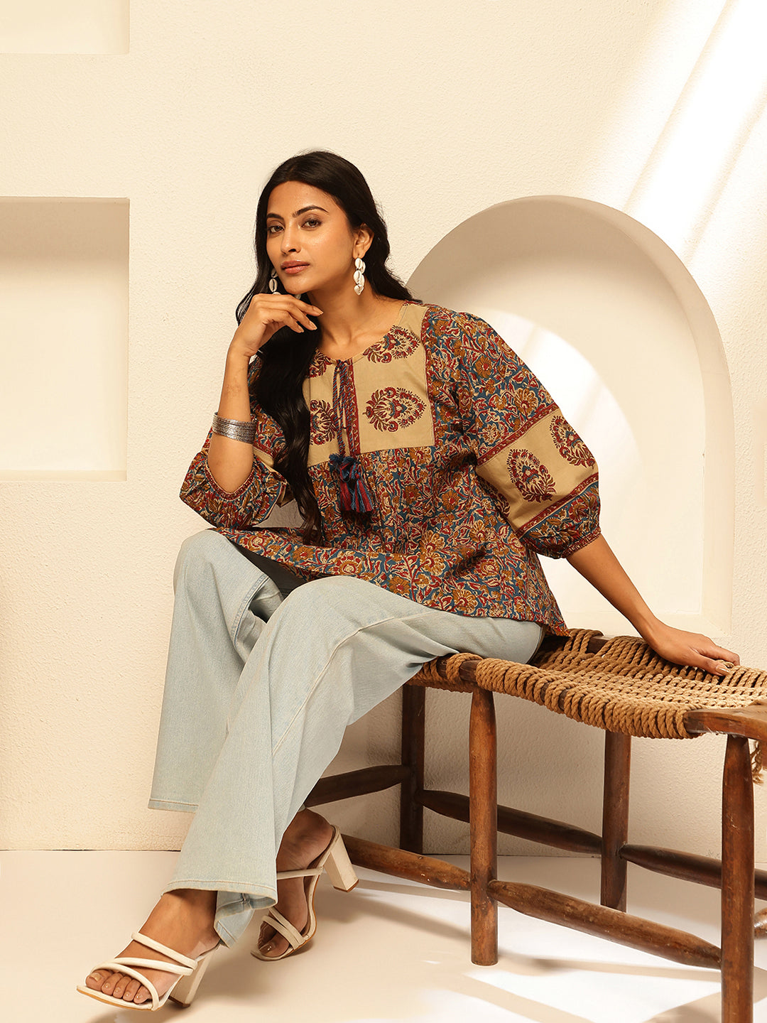 Mustard Floral Print Fit and Flare Cotton Tunic Top