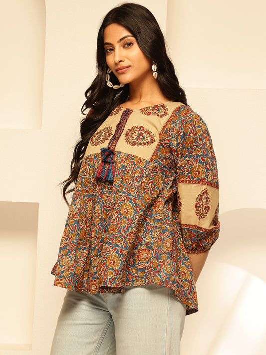 Mustard Floral Print Fit and Flare Cotton Tunic Top