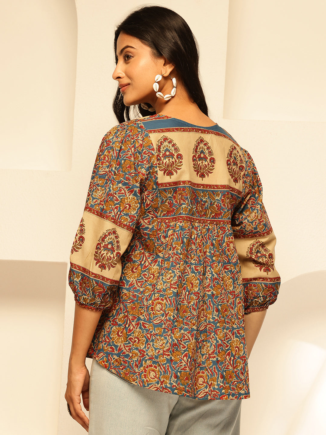 Mustard Floral Print Fit and Flare Cotton Tunic Top