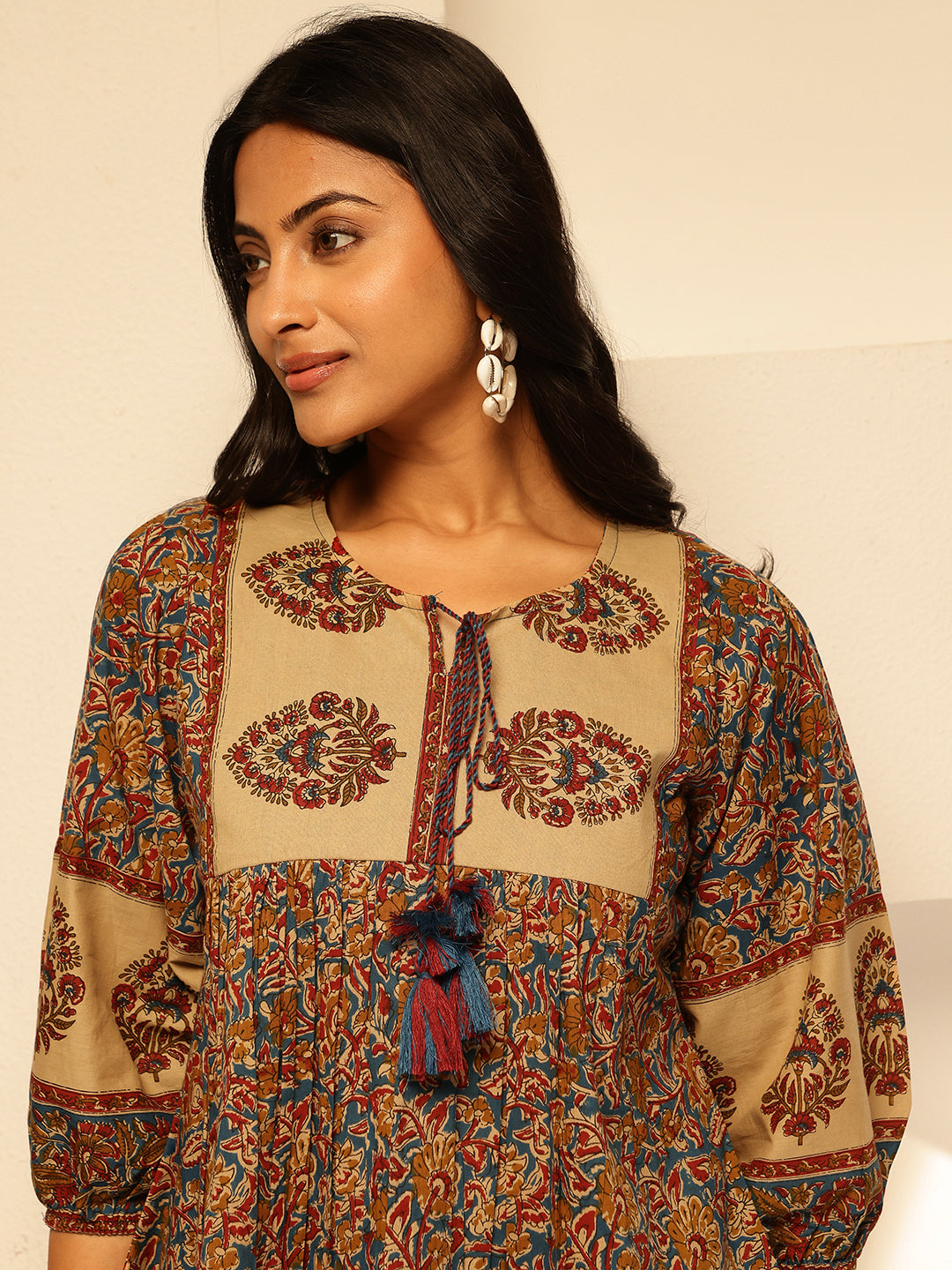 Mustard Floral Print Fit and Flare Cotton Tunic Top