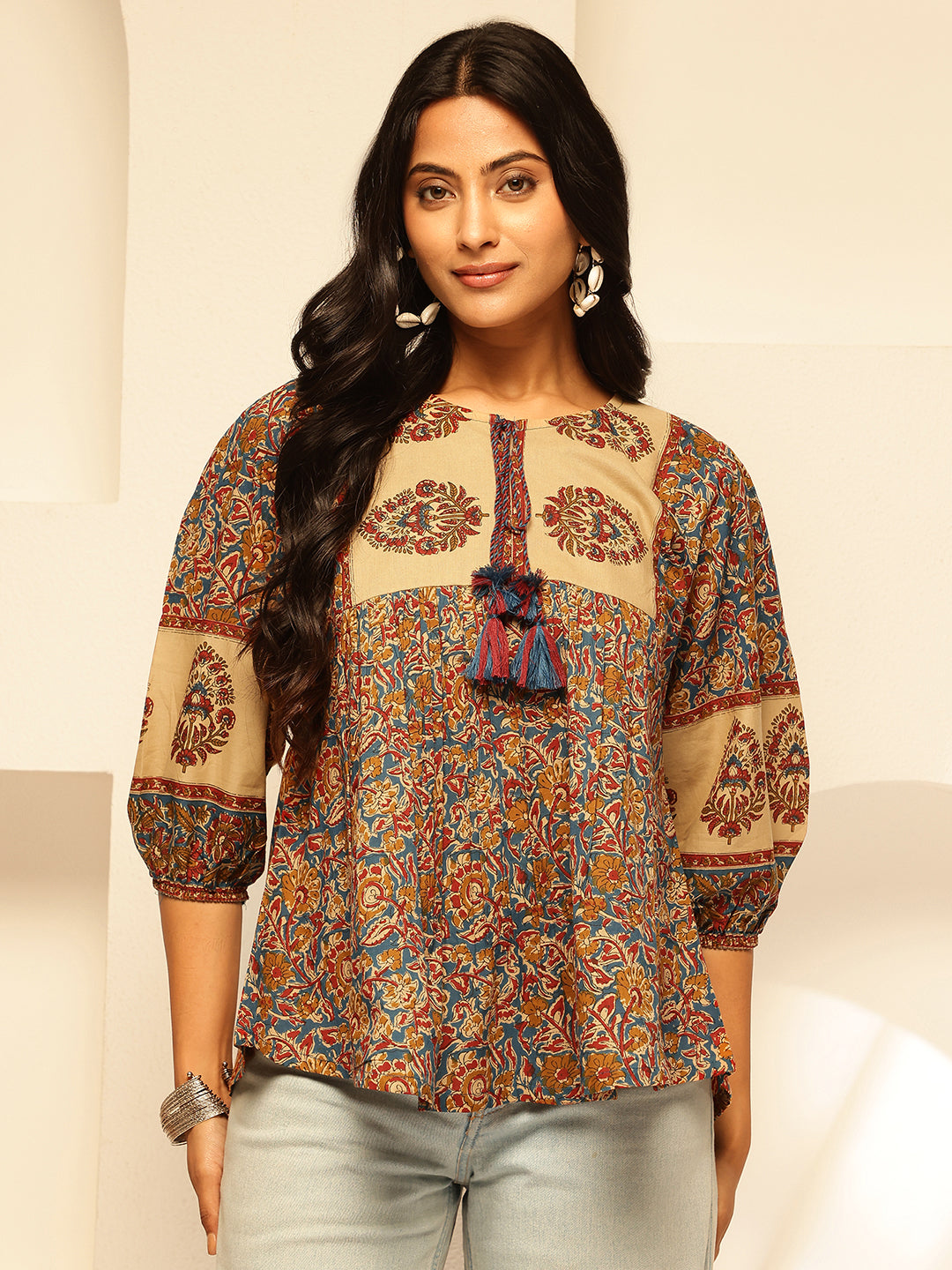 Mustard Floral Print Fit and Flare Cotton Tunic Top