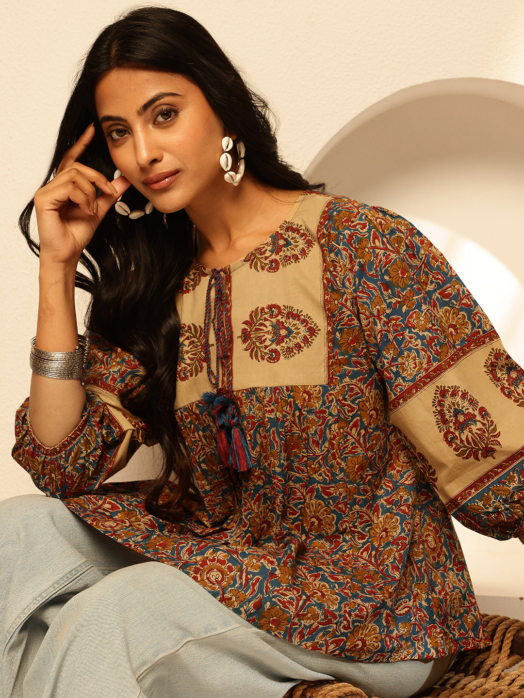 Mustard Floral Print Fit and Flare Cotton Tunic Top