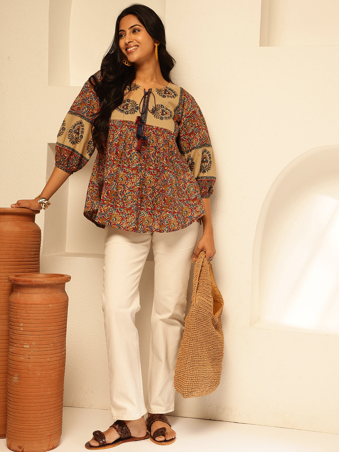 Red Floral Print Fit and Flare Cotton Tunic Top