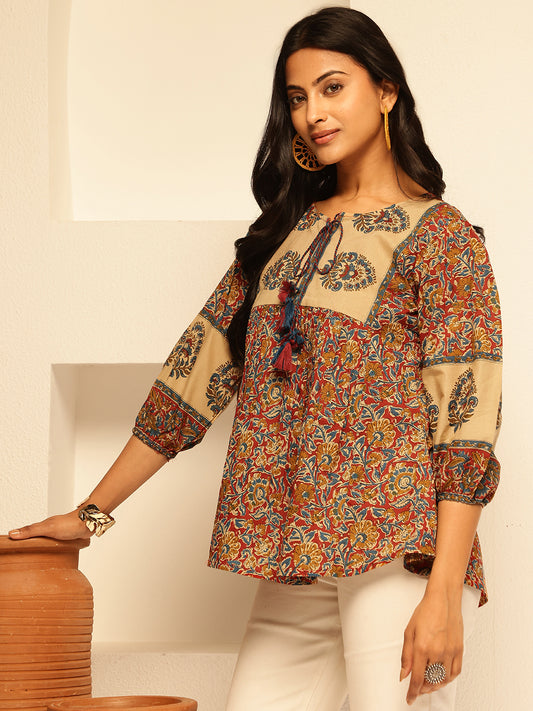 Red Floral Print Fit and Flare Cotton Tunic Top