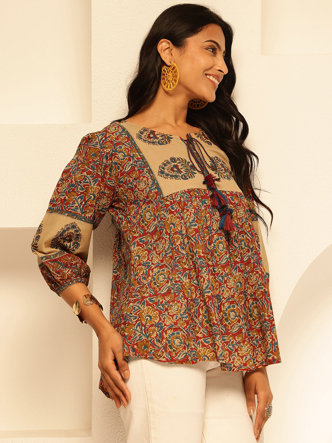 Red Floral Print Fit and Flare Cotton Tunic Top