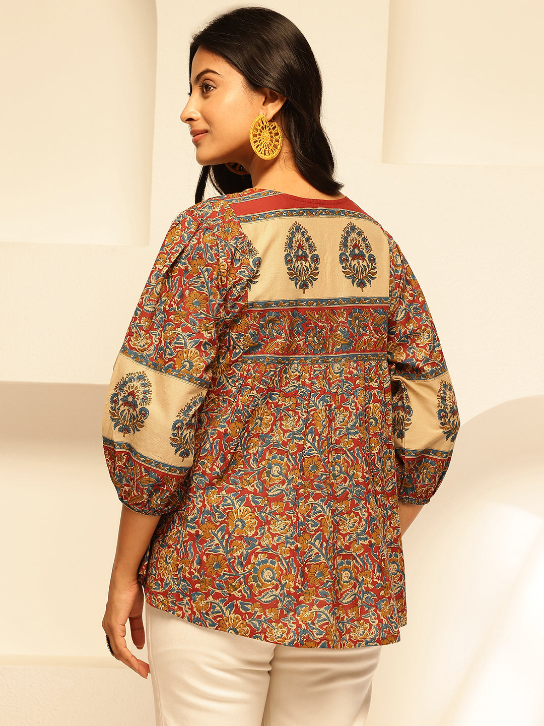 Red Floral Print Fit and Flare Cotton Tunic Top