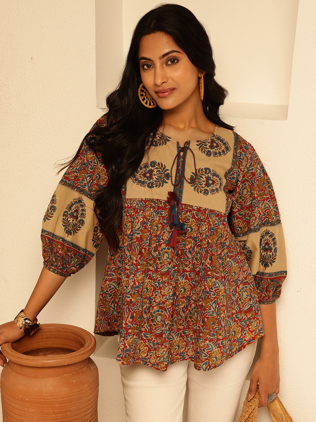 Red Floral Print Fit and Flare Cotton Tunic Top