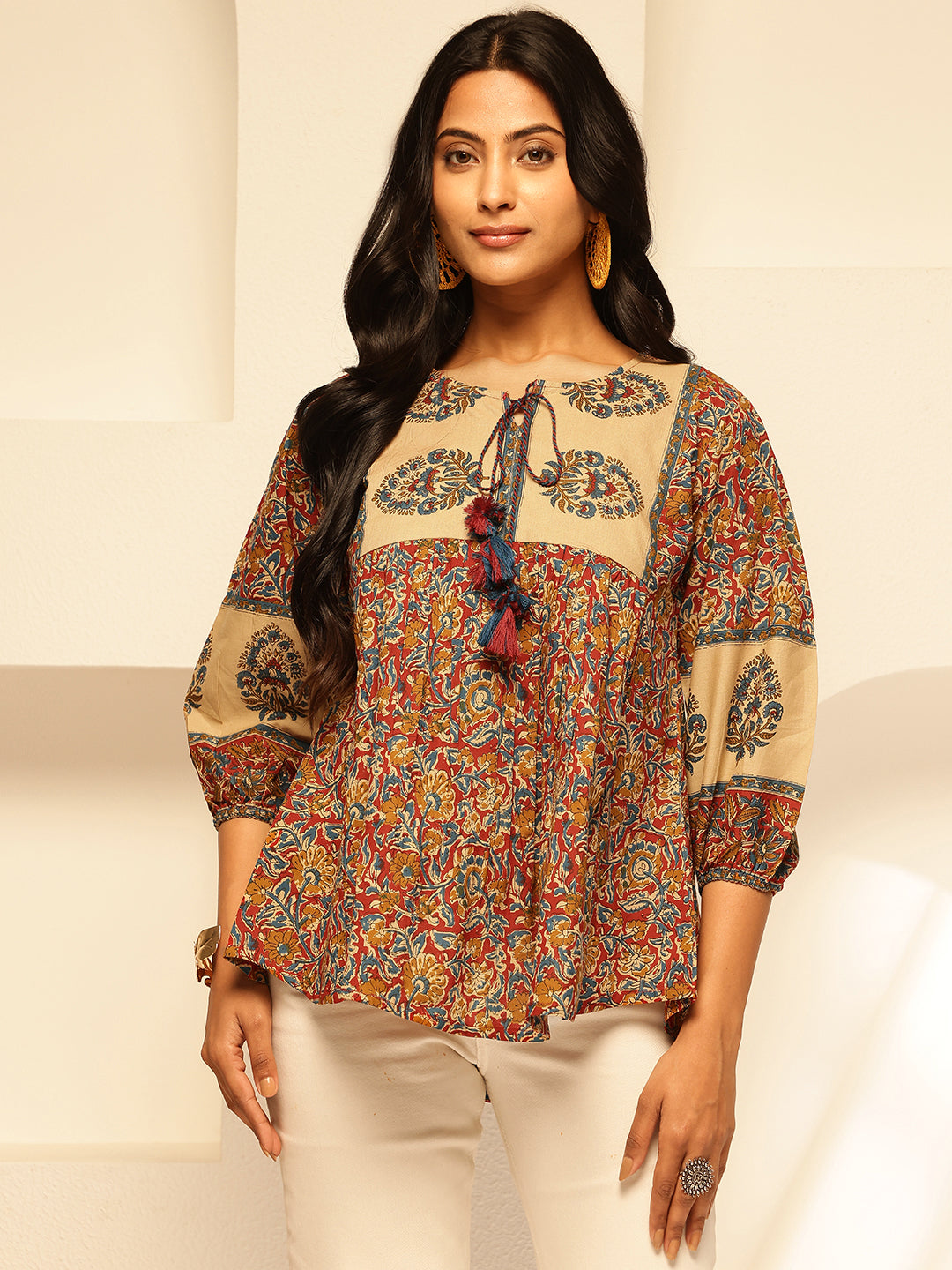 Red Floral Print Fit and Flare Cotton Tunic Top