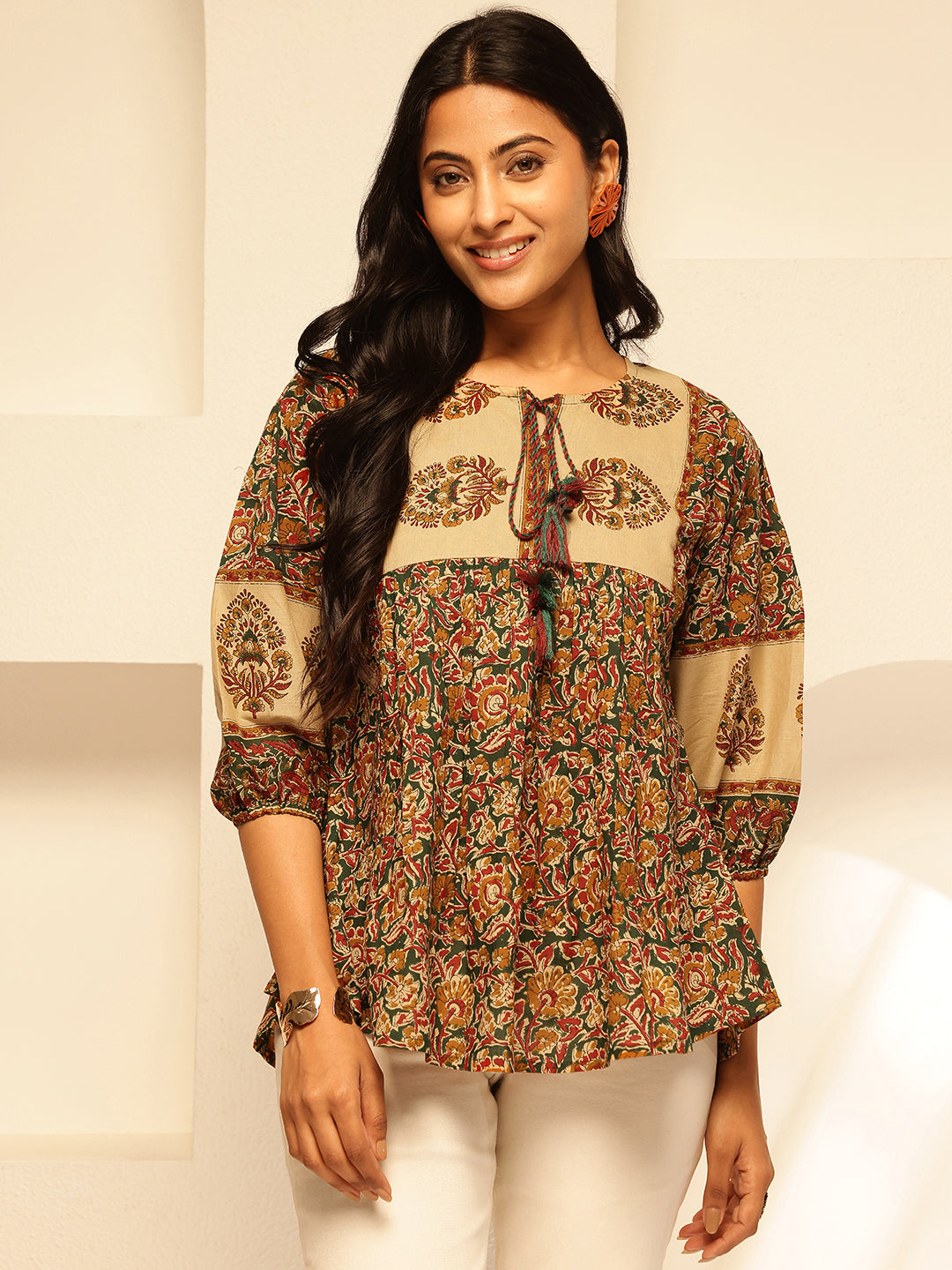 Blue Floral Print Fit and Flare Cotton Tunic Top