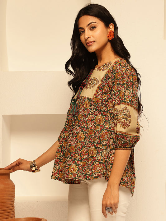 Blue Floral Print Fit and Flare Cotton Tunic Top