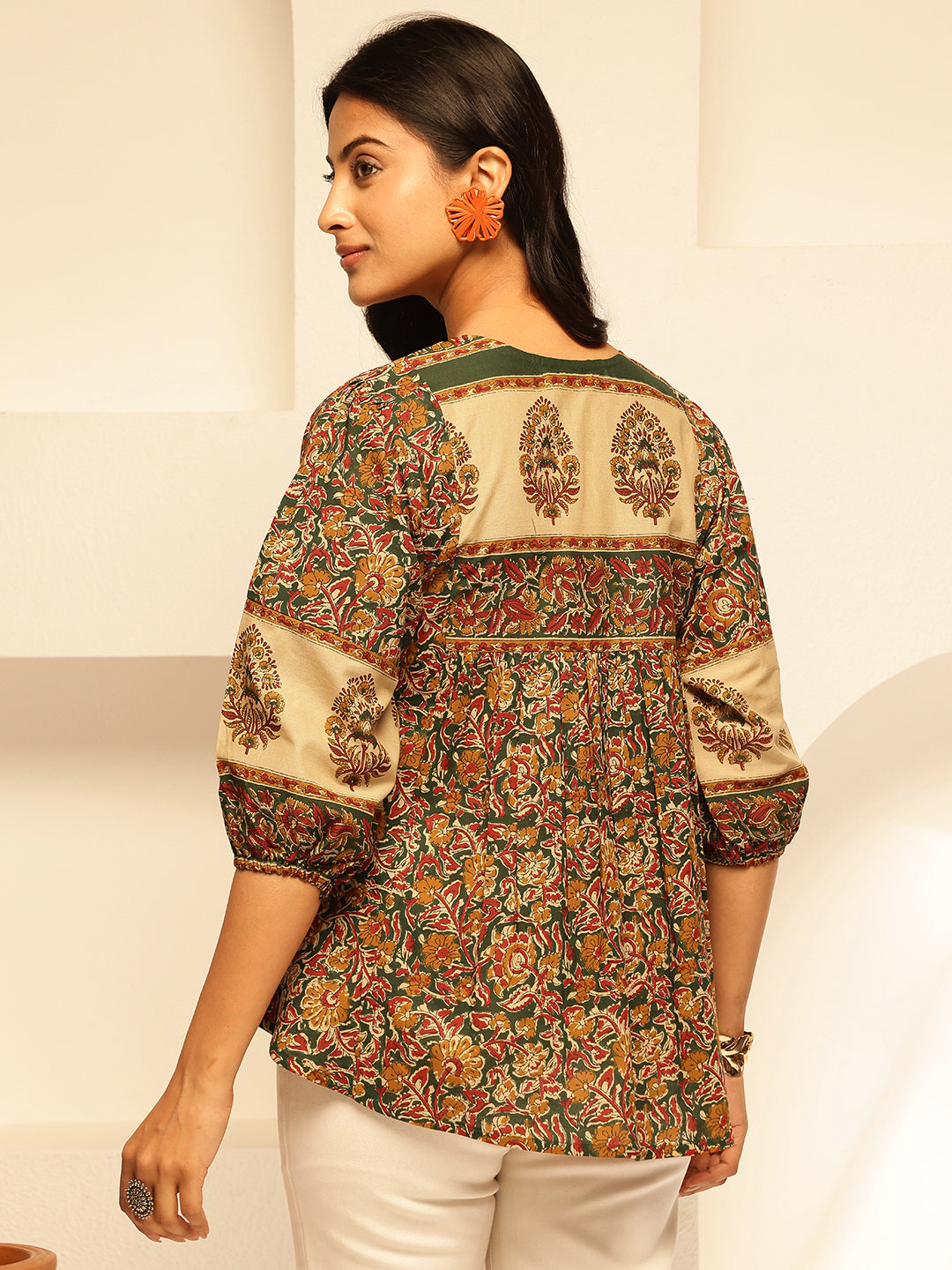 Blue Floral Print Fit and Flare Cotton Tunic Top