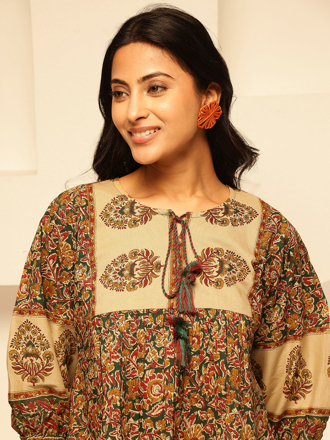 Blue Floral Print Fit and Flare Cotton Tunic Top