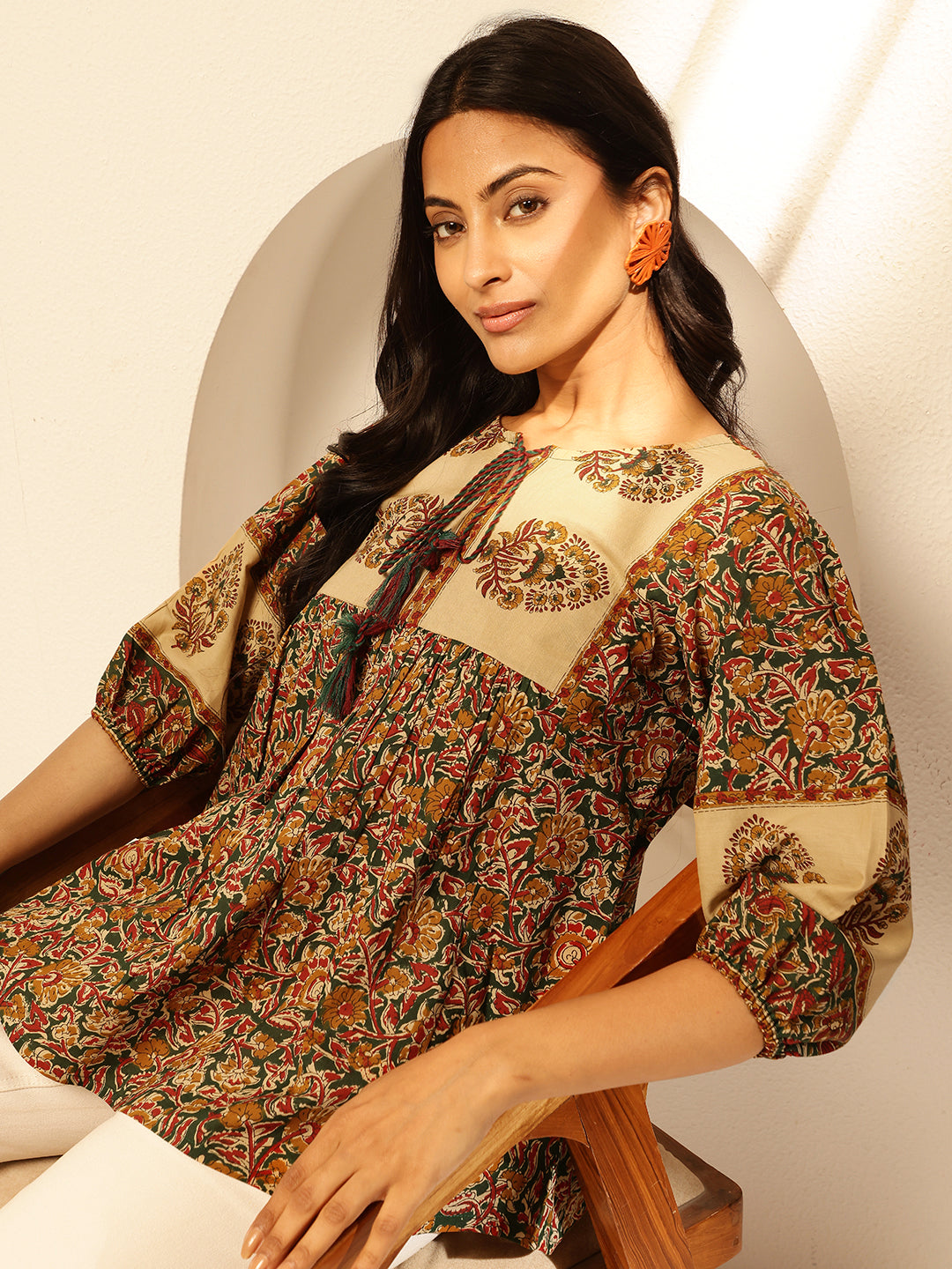 Blue Floral Print Fit and Flare Cotton Tunic Top