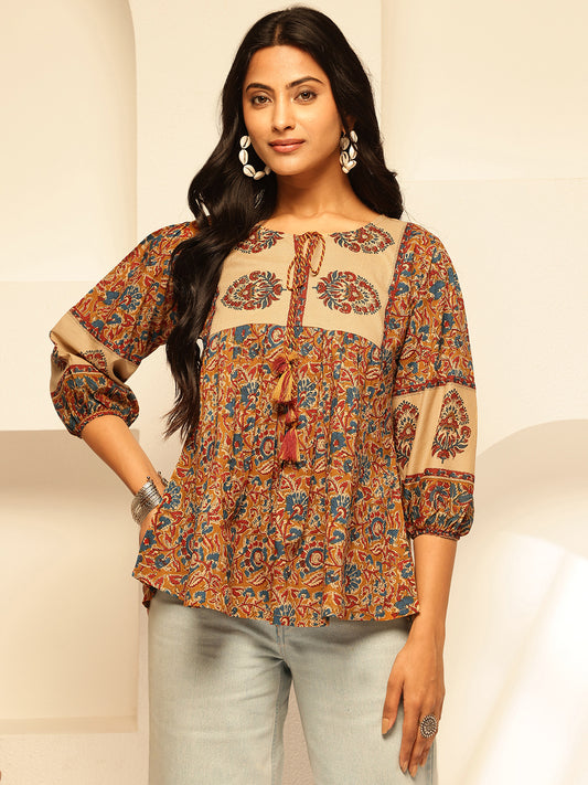 Green Floral Print Fit and Flare Cotton Tunic Top