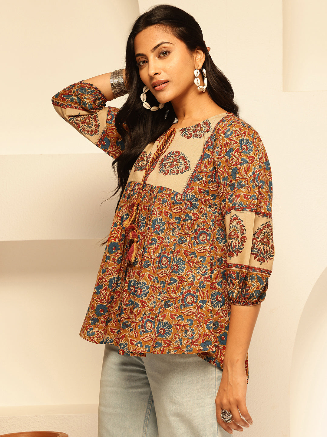 Green Floral Print Fit and Flare Cotton Tunic Top