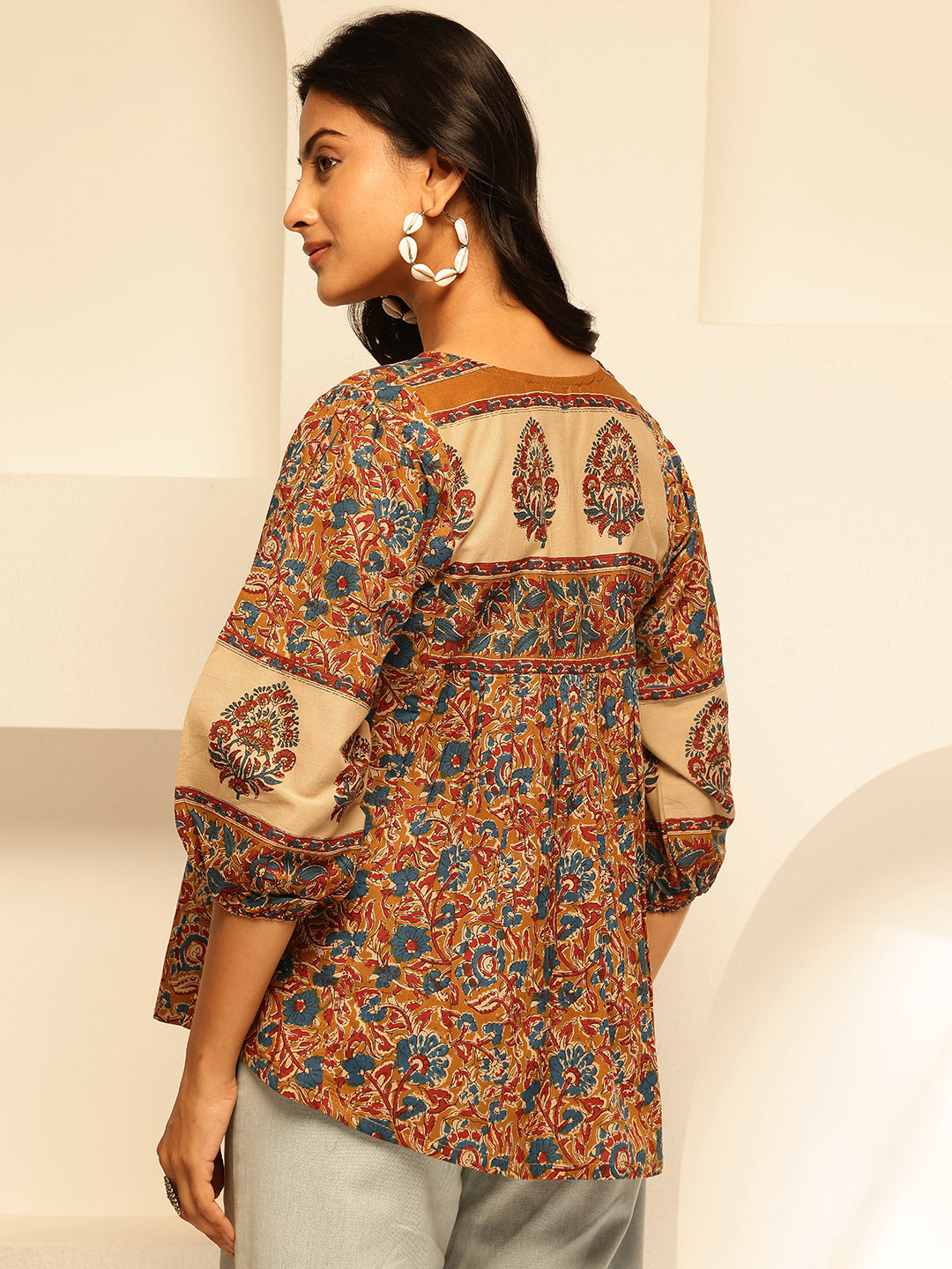 Green Floral Print Fit and Flare Cotton Tunic Top