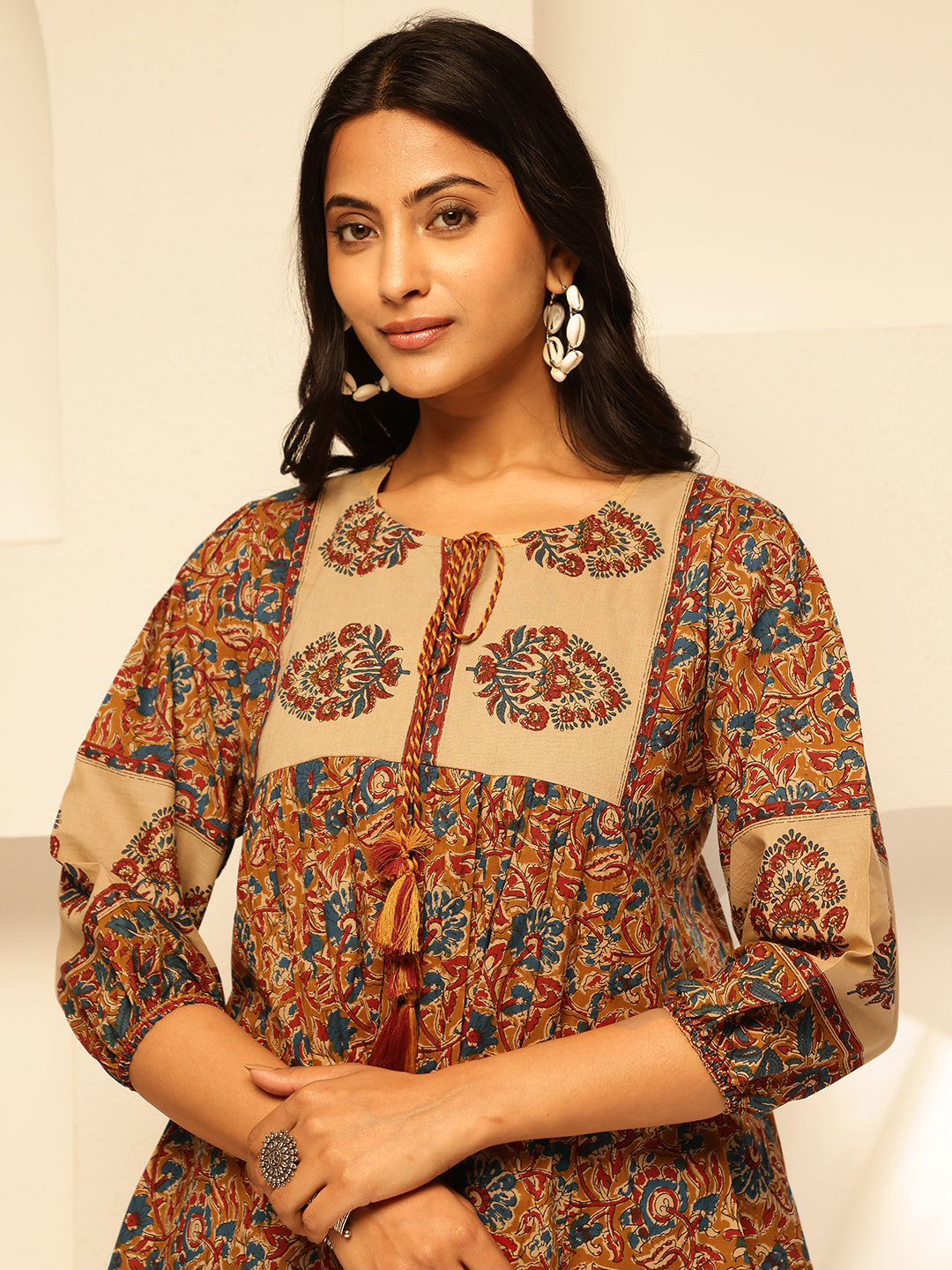 Green Floral Print Fit and Flare Cotton Tunic Top