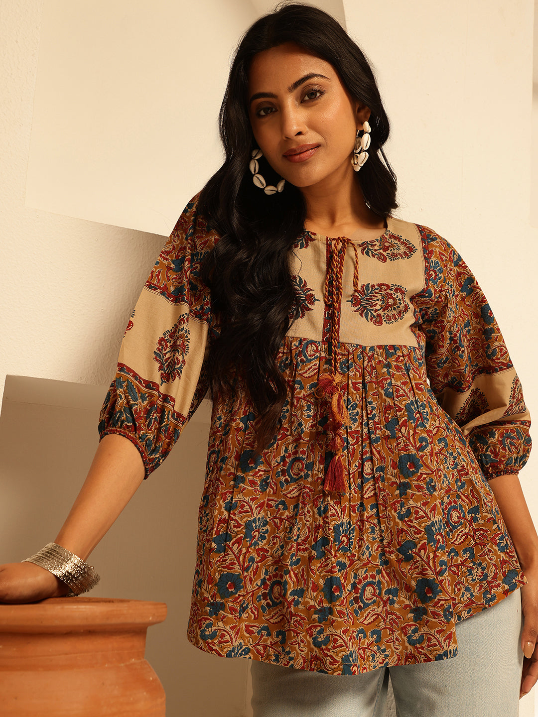 Green Floral Print Fit and Flare Cotton Tunic Top