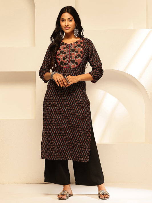 Black Floral Printed Straight Cotton Kurta