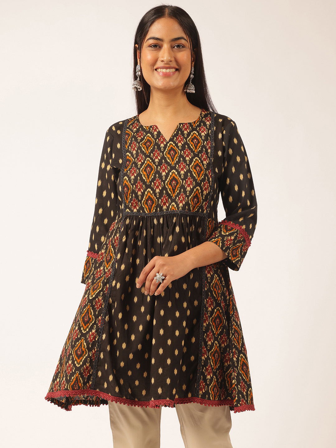 Black Ikat Print Flared Cotton Tunic Top