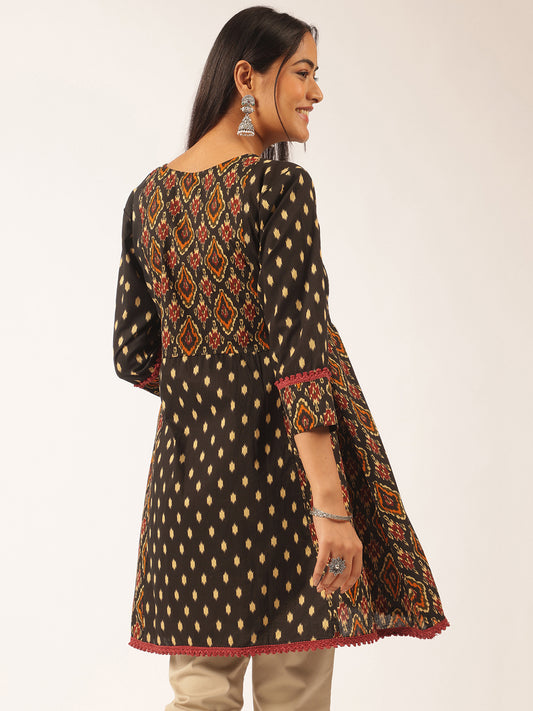 Black Ikat Print Flared Cotton Tunic Top