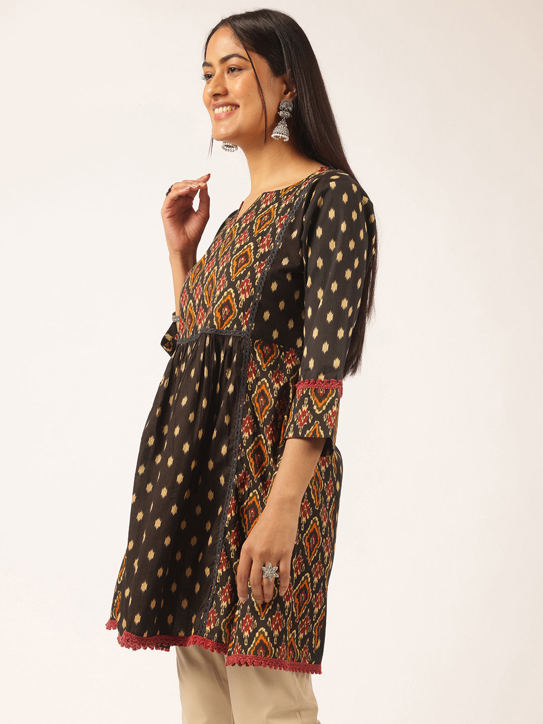 Black Ikat Print Flared Cotton Tunic Top