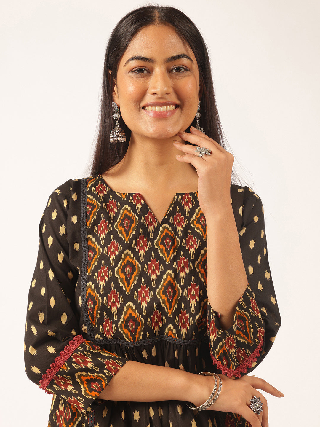 Black Ikat Print Flared Cotton Tunic Top