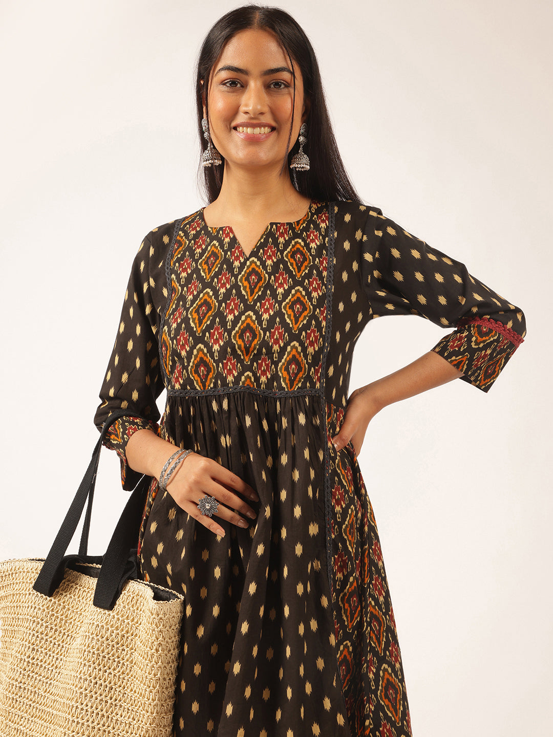 Black Ikat Print Flared Cotton Tunic Top