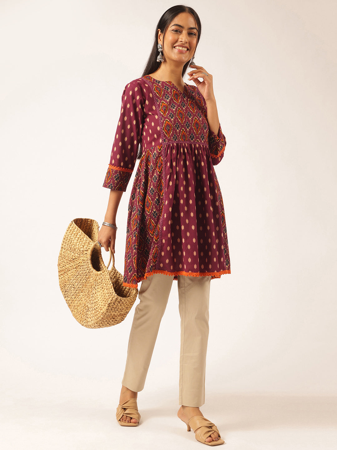 Burgundy Ikat Print Flared Cotton Tunic