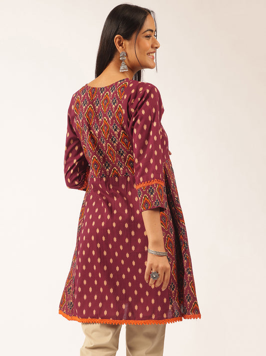 Burgundy Ikat Print Flared Cotton Tunic