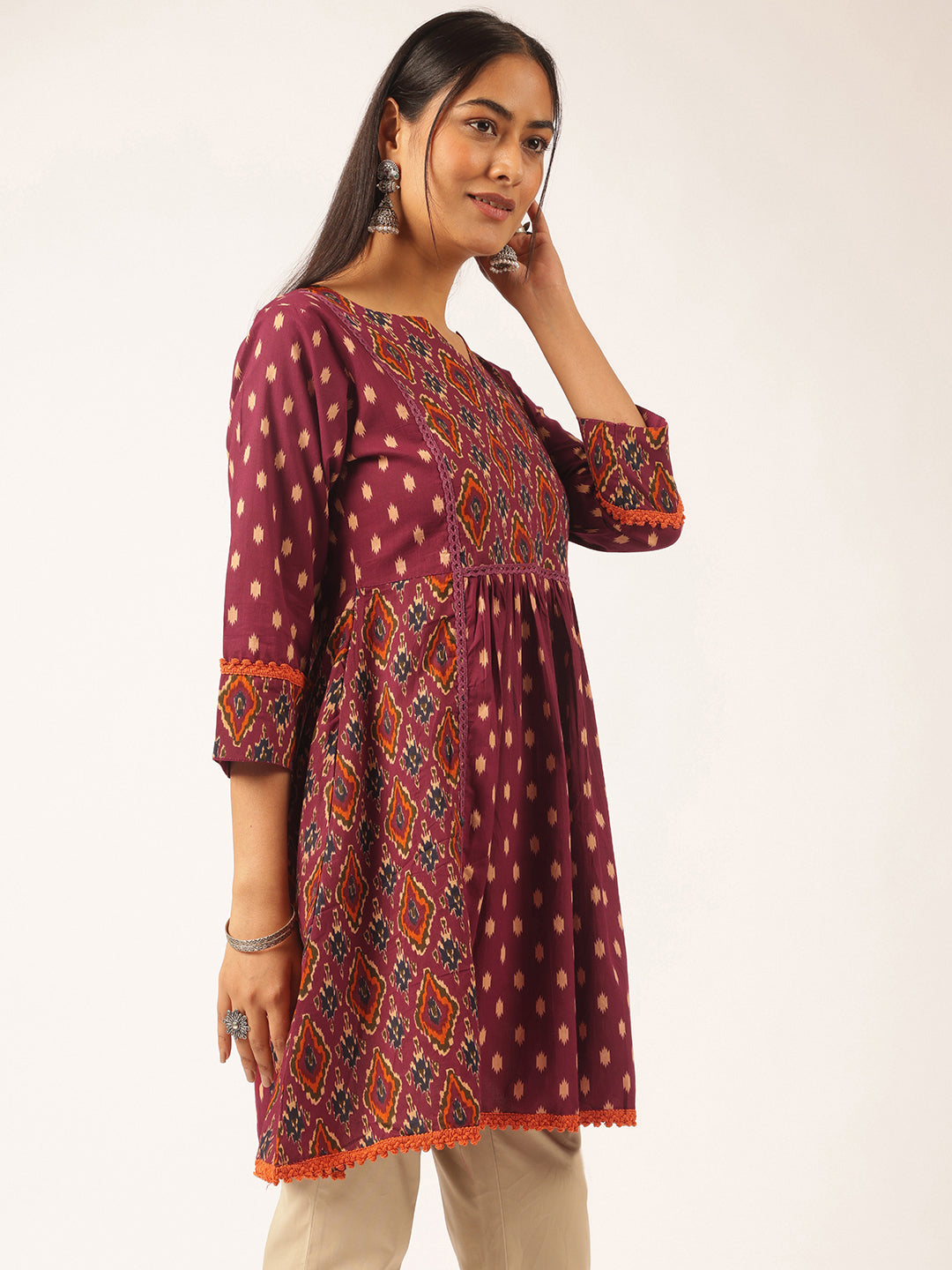 Burgundy Ikat Print Flared Cotton Tunic