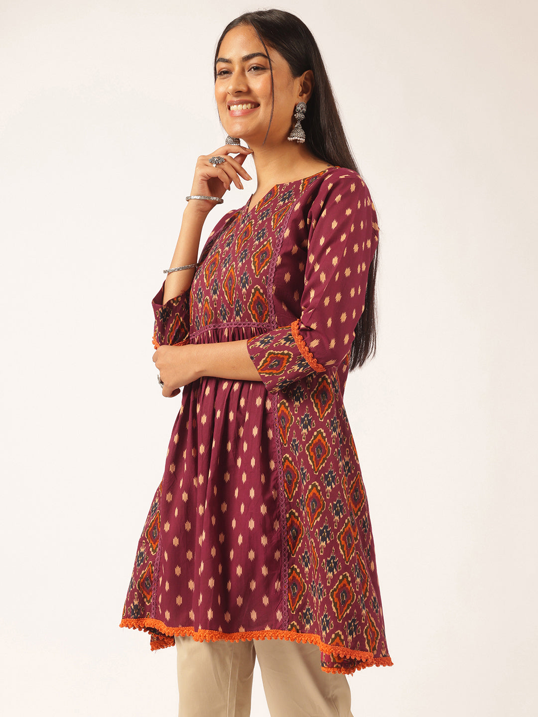 Burgundy Ikat Print Flared Cotton Tunic
