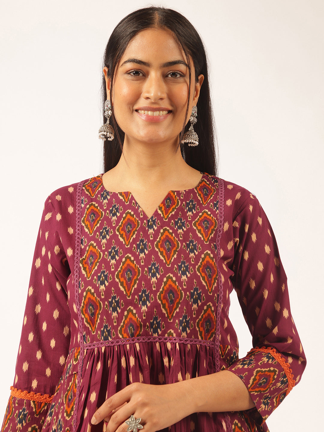 Burgundy Ikat Print Flared Cotton Tunic