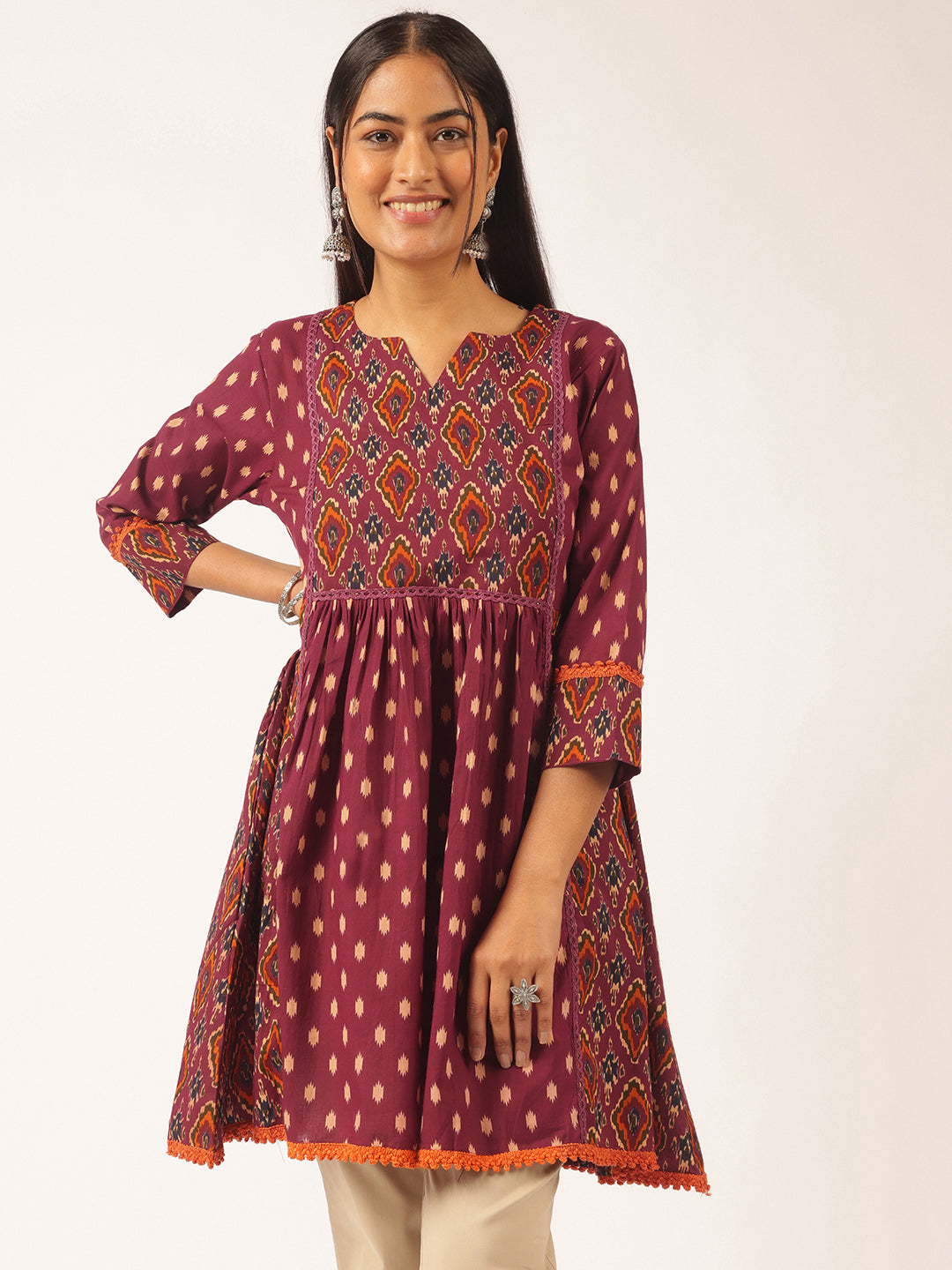 Burgundy Ikat Print Flared Cotton Tunic