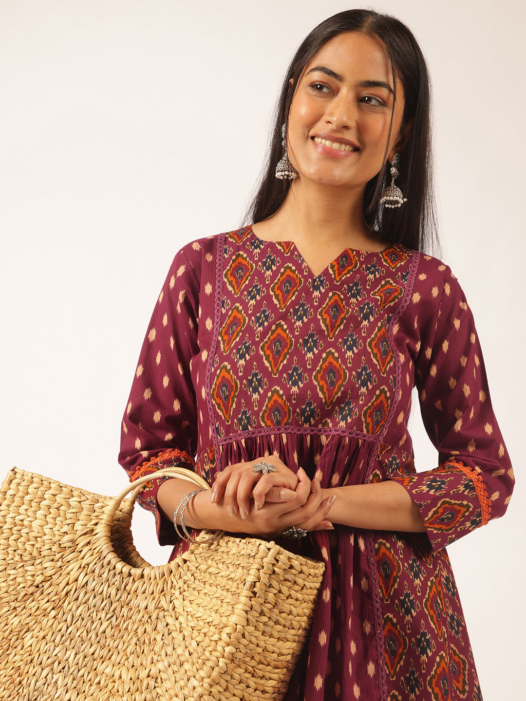 Burgundy Ikat Print Flared Cotton Tunic