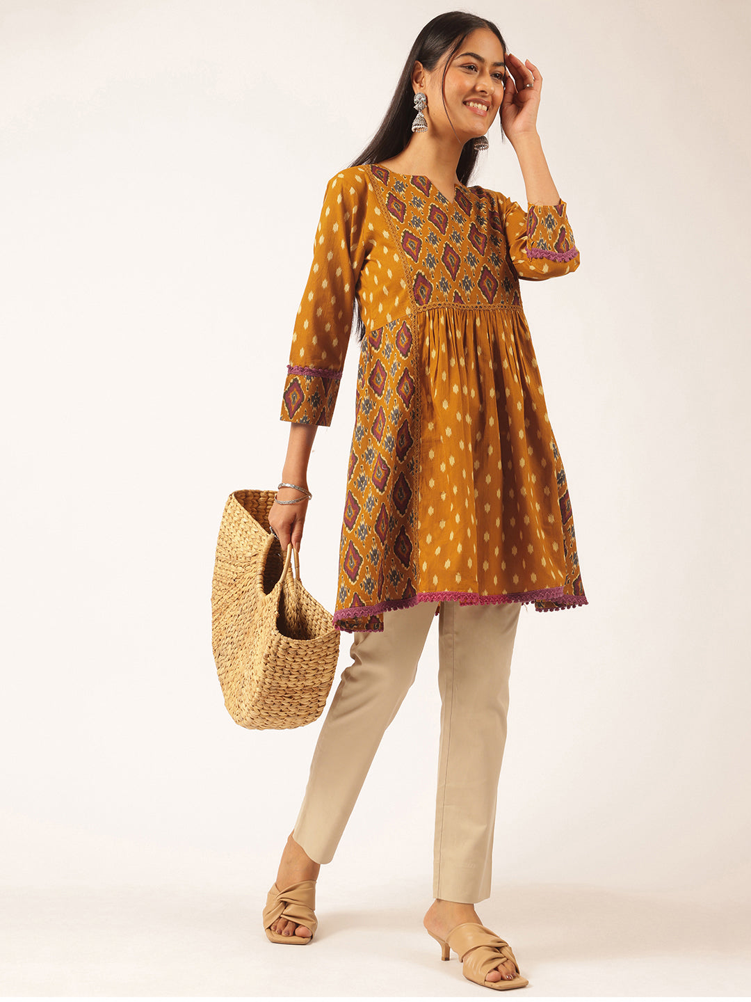 Mustard Ikat Print Flared Cotton Tunic