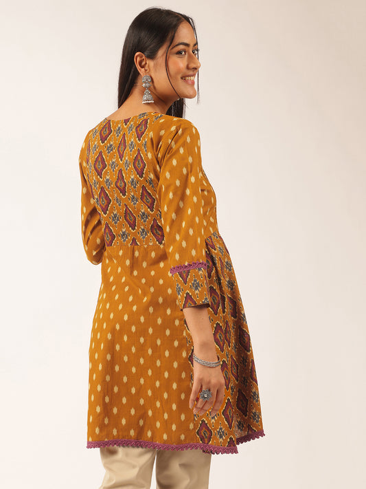 Mustard Ikat Print Flared Cotton Tunic