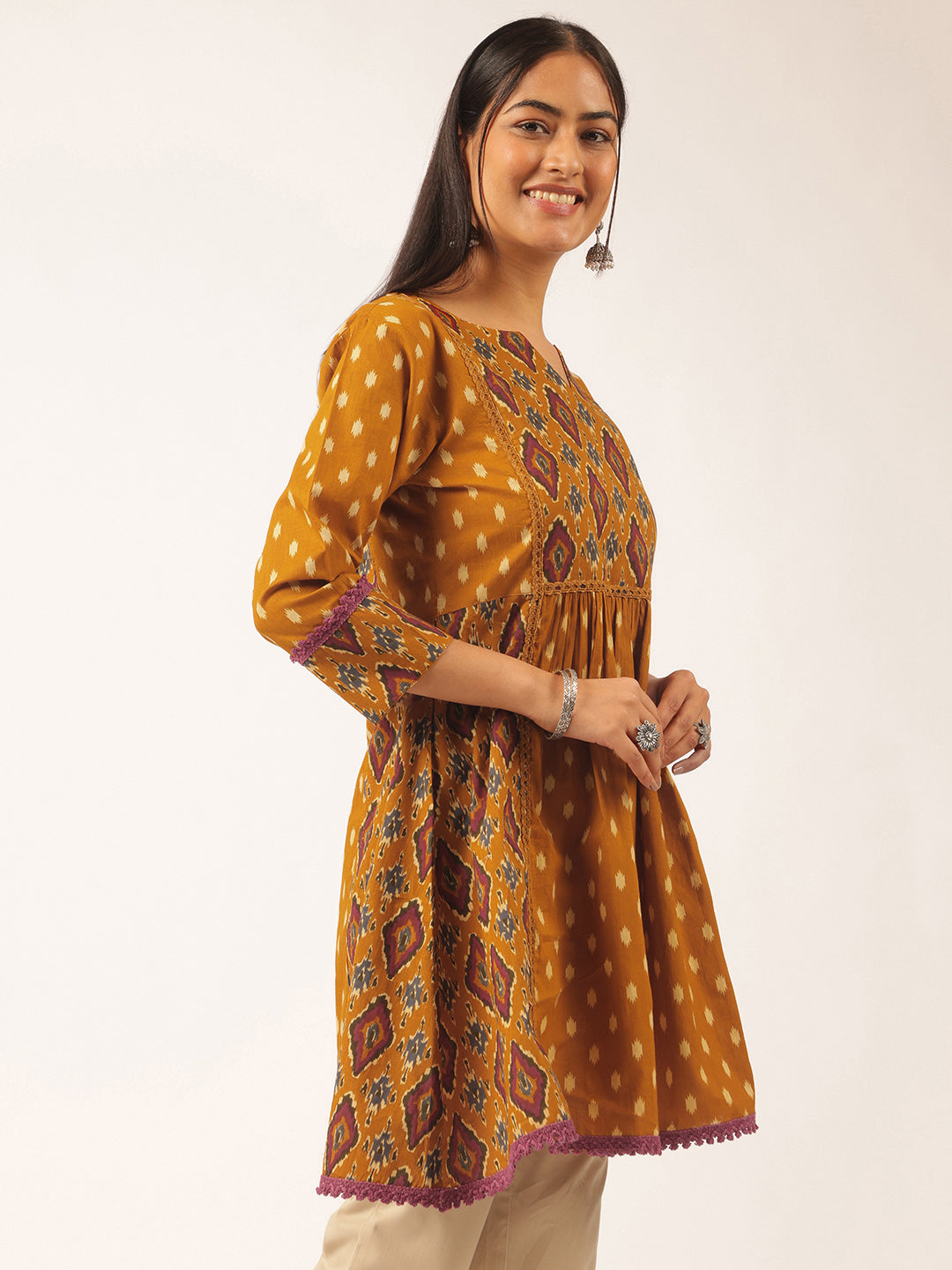 Mustard Ikat Print Flared Cotton Tunic